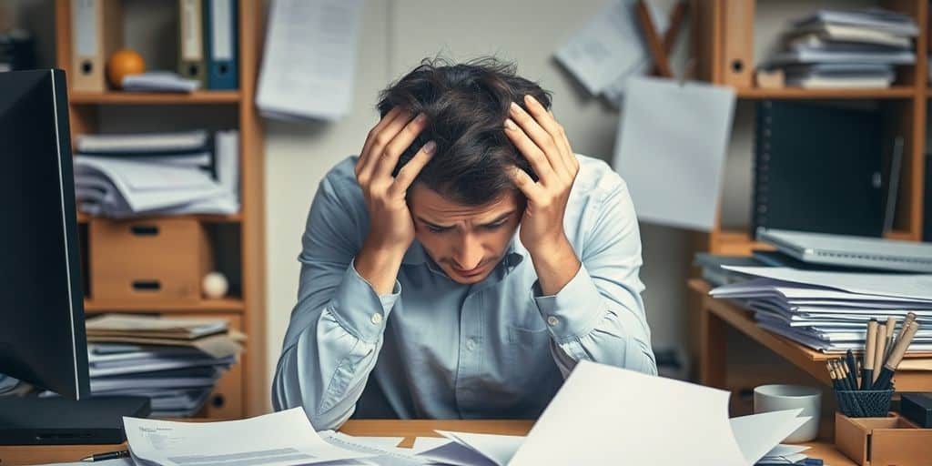 Overwhelmed HR professional with head in hands.