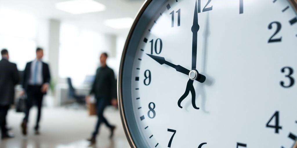 clock face with employees walking away